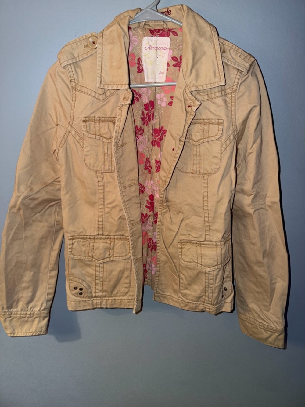 Aeropostale Tan Jacket with Pink & Red Floral Lining